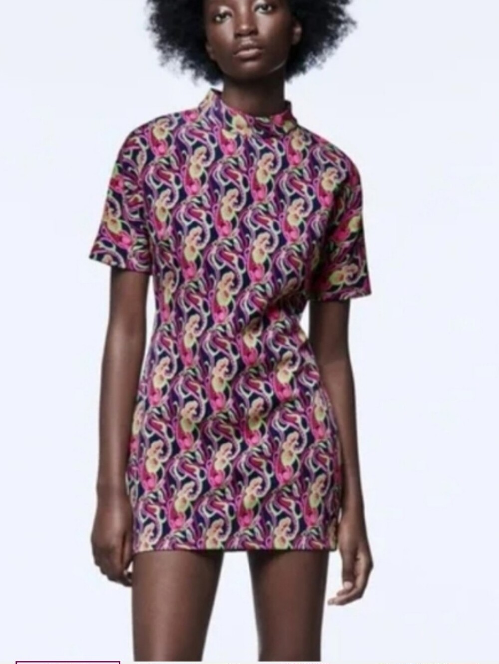Zara Fitted Short Sleeve Mini Dress in Pink, Purple and Cream Pattern